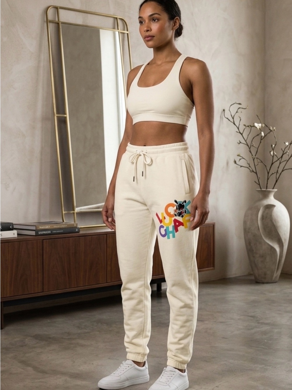 Cream Logo-Print Jogger Pants